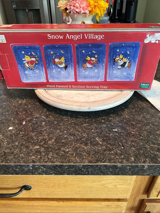 Debbie Mumm Other - Hand-Painted Holiday 4-Section Serving Tray - Blue Panels with Snow Angel